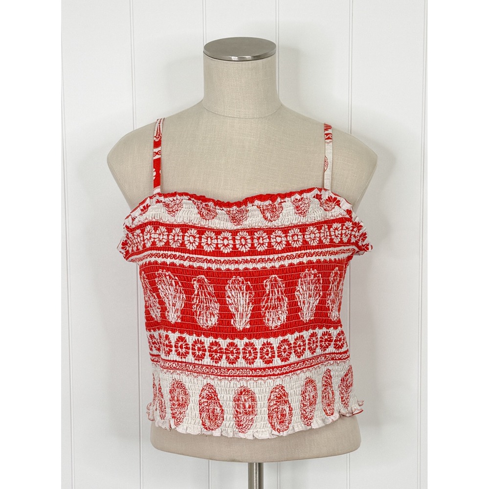 BCX Smocked Cami Top Juniors XL Red White Paisley Boho Summer Festival